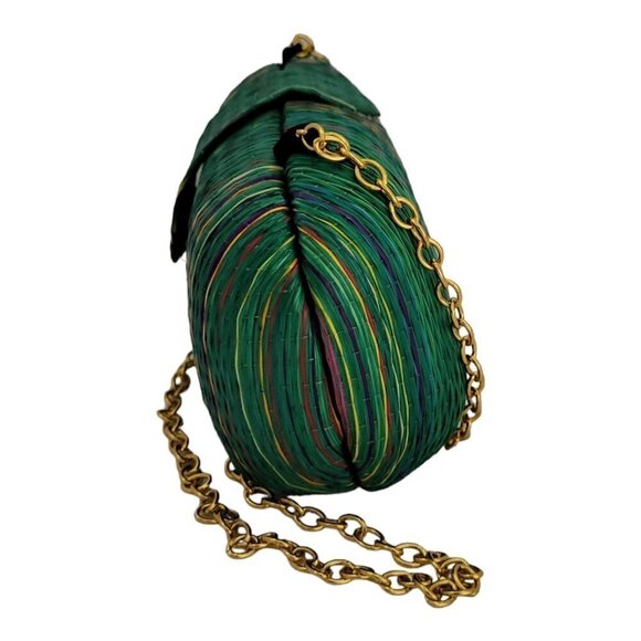 Green Raffia Shoulder Purse Gold Tone Chain Strap Striped With Snap Closure Bag - Picture 2 of 10